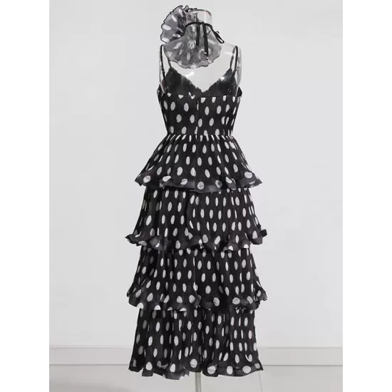 Layered Pleated Polka-Dot Ruffle Trim Split-Joint Three-Dimensional Flower Zipper High Waisted Sleeveless Spaghetti-Neck Midi Dresses Layered Pleated Polka-Dot Ruffle Trim Split-Joint Three-Dimensional Flower Zipper High Waisted Sleeveless Spaghetti-Neck Midi Dresses