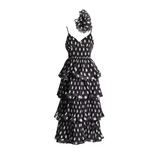 Layered Pleated Polka-Dot Ruffle Trim Split-Joint Three-Dimensional Flower Zipper High Waisted Sleeveless Spaghetti-Neck Midi Dresses Layered Pleated Polka-Dot Ruffle Trim Split-Joint Three-Dimensional Flower Zipper High Waisted Sleeveless Spaghetti-Neck Midi Dresses