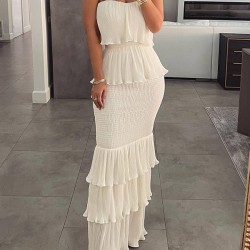 Elasticity Pleated Split-Joint Bodycon Sleeveless Tube Maxi Dresses