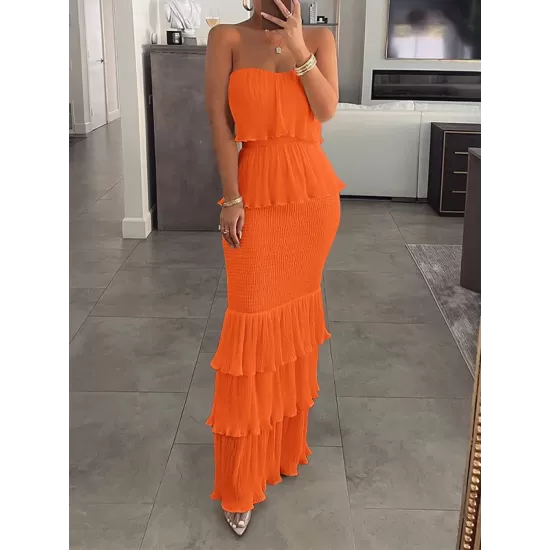 Elasticity Pleated Split-Joint Bodycon Sleeveless Tube Maxi Dresses Elasticity Pleated Split-Joint Bodycon Sleeveless Tube Maxi Dresses