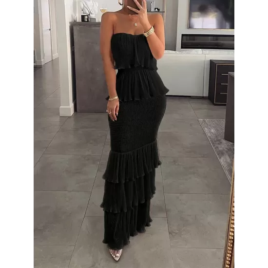 Elasticity Pleated Split-Joint Bodycon Sleeveless Tube Maxi Dresses Elasticity Pleated Split-Joint Bodycon Sleeveless Tube Maxi Dresses