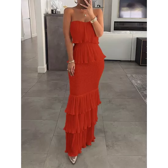 Elasticity Pleated Split-Joint Bodycon Sleeveless Tube Maxi Dresses Elasticity Pleated Split-Joint Bodycon Sleeveless Tube Maxi Dresses