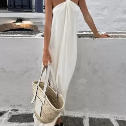 Pleated Solid Color Loose Sleeveless Spaghetti-Neck Maxi Dresses