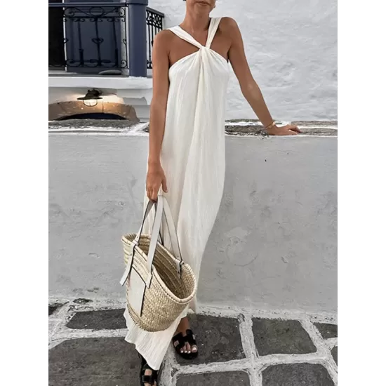 Pleated Solid Color Loose Sleeveless Spaghetti-Neck Maxi Dresses Pleated Solid Color Loose Sleeveless Spaghetti-Neck Maxi Dresses