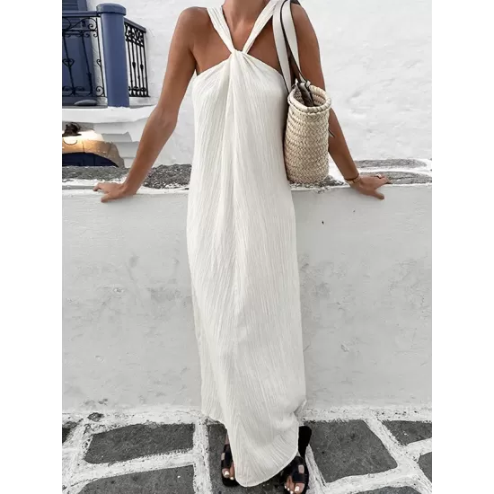 Pleated Solid Color Loose Sleeveless Spaghetti-Neck Maxi Dresses Pleated Solid Color Loose Sleeveless Spaghetti-Neck Maxi Dresses