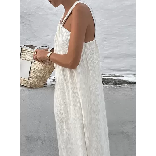 Pleated Solid Color Loose Sleeveless Spaghetti-Neck Maxi Dresses Pleated Solid Color Loose Sleeveless Spaghetti-Neck Maxi Dresses