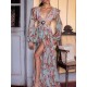 Floral-Print Bandage Puff Sleeves Asymmetric Bohemian Maxi Dress Floral-Print Bandage Puff Sleeves Asymmetric Bohemian Maxi Dress