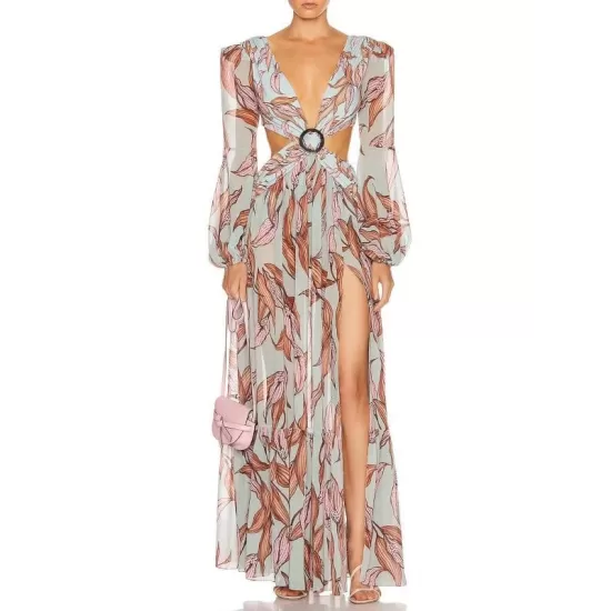 Floral-Print Bandage Puff Sleeves Asymmetric Bohemian Maxi Dress Floral-Print Bandage Puff Sleeves Asymmetric Bohemian Maxi Dress