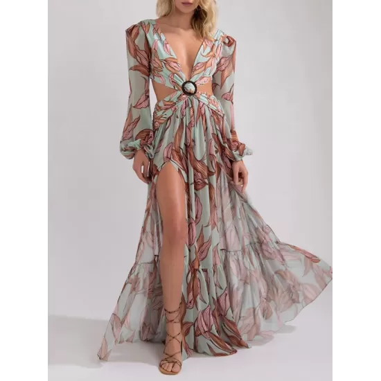 Floral-Print Bandage Puff Sleeves Asymmetric Bohemian Maxi Dress Floral-Print Bandage Puff Sleeves Asymmetric Bohemian Maxi Dress
