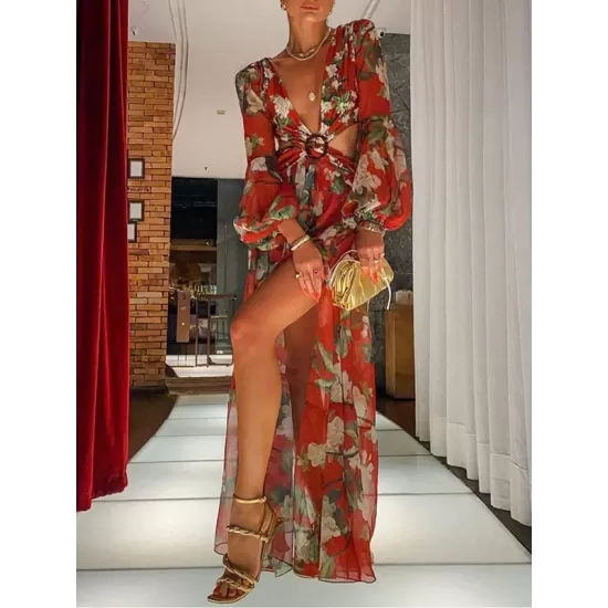 Floral-Print Bandage Puff Sleeves Asymmetric Bohemian Maxi Dress Floral-Print Bandage Puff Sleeves Asymmetric Bohemian Maxi Dress