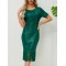 Sequined Shiny Solid Color Split-Joint Tasseled Bodycon Short Sleeves Round-Neck Midi Dresses