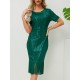 Sequined Shiny Solid Color Split-Joint Tasseled Bodycon Short Sleeves Round-Neck Midi Dresses Sequined Shiny Solid Color Split-Joint Tasseled Bodycon Short Sleeves Round-Neck Midi Dresses