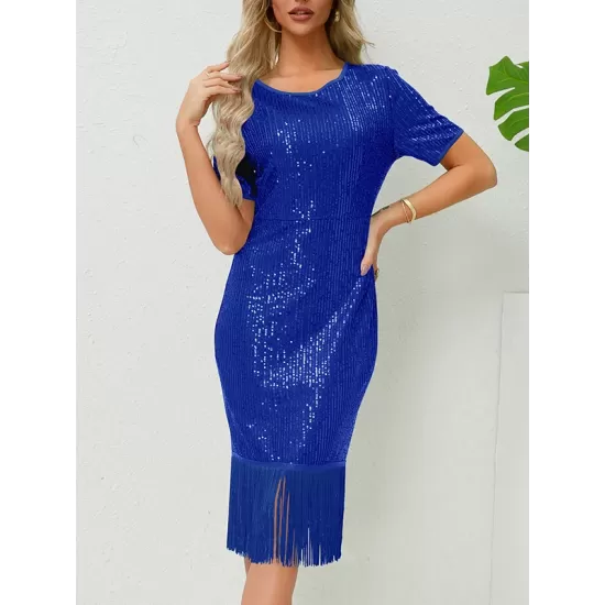 Sequined Shiny Solid Color Split-Joint Tasseled Bodycon Short Sleeves Round-Neck Midi Dresses Sequined Shiny Solid Color Split-Joint Tasseled Bodycon Short Sleeves Round-Neck Midi Dresses