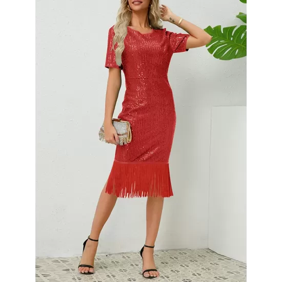 Sequined Shiny Solid Color Split-Joint Tasseled Bodycon Short Sleeves Round-Neck Midi Dresses Sequined Shiny Solid Color Split-Joint Tasseled Bodycon Short Sleeves Round-Neck Midi Dresses