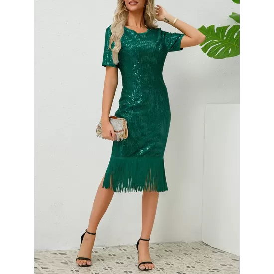 Sequined Shiny Solid Color Split-Joint Tasseled Bodycon Short Sleeves Round-Neck Midi Dresses Sequined Shiny Solid Color Split-Joint Tasseled Bodycon Short Sleeves Round-Neck Midi Dresses