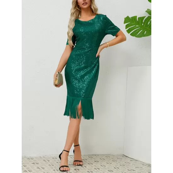 Sequined Shiny Solid Color Split-Joint Tasseled Bodycon Short Sleeves Round-Neck Midi Dresses Sequined Shiny Solid Color Split-Joint Tasseled Bodycon Short Sleeves Round-Neck Midi Dresses