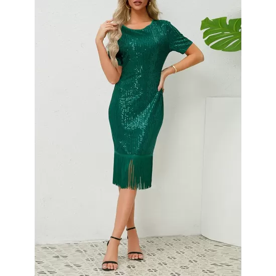 Sequined Shiny Solid Color Split-Joint Tasseled Bodycon Short Sleeves Round-Neck Midi Dresses Sequined Shiny Solid Color Split-Joint Tasseled Bodycon Short Sleeves Round-Neck Midi Dresses