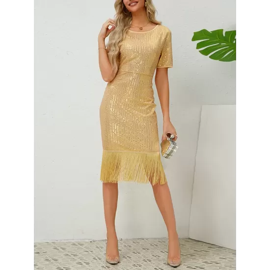 Sequined Shiny Solid Color Split-Joint Tasseled Bodycon Short Sleeves Round-Neck Midi Dresses Sequined Shiny Solid Color Split-Joint Tasseled Bodycon Short Sleeves Round-Neck Midi Dresses