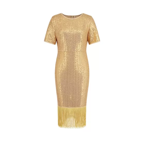Sequined Shiny Solid Color Split-Joint Tasseled Bodycon Short Sleeves Round-Neck Midi Dresses Sequined Shiny Solid Color Split-Joint Tasseled Bodycon Short Sleeves Round-Neck Midi Dresses