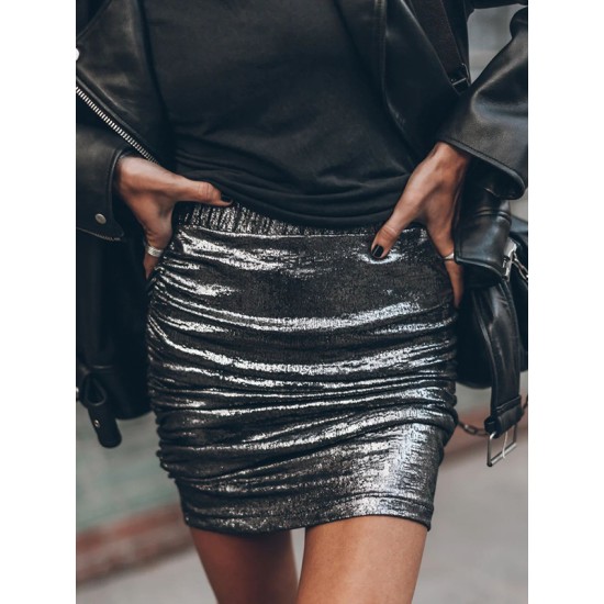Elastics Pleated Shiny Bodycon Skinny Skirts Elastics Pleated Shiny Bodycon Skinny Skirts