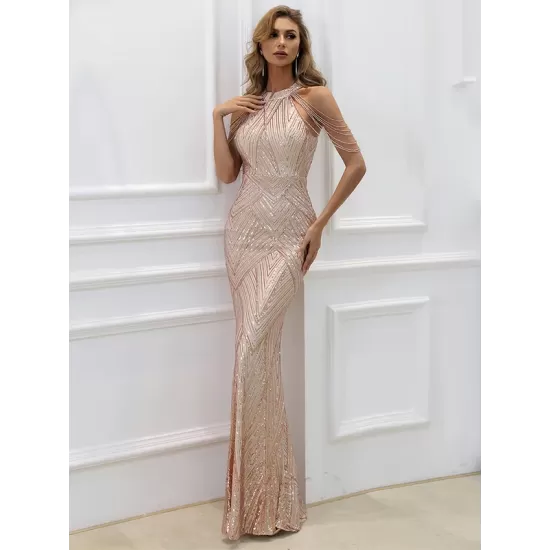 Evening Sleeveless Wrap Sequined Dress Evening Sleeveless Wrap Sequined Dress