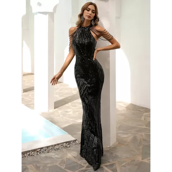 Evening Sleeveless Wrap Sequined Dress Evening Sleeveless Wrap Sequined Dress