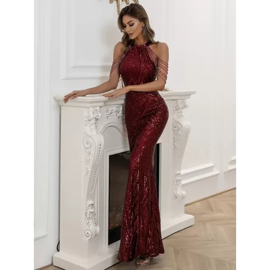 Evening Sleeveless Wrap Sequined Dress Evening Sleeveless Wrap Sequined Dress