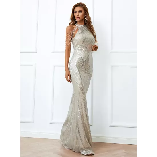 Evening Sleeveless Wrap Sequined Dress Evening Sleeveless Wrap Sequined Dress