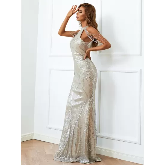 Evening Sleeveless Wrap Sequined Dress Evening Sleeveless Wrap Sequined Dress