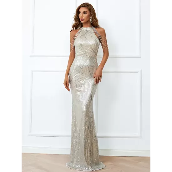 Evening Sleeveless Wrap Sequined Dress Evening Sleeveless Wrap Sequined Dress