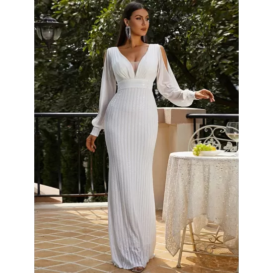 Evening Long Sleeves Wrap Solid V-Neck Dress Evening Long Sleeves Wrap Solid V-Neck Dress