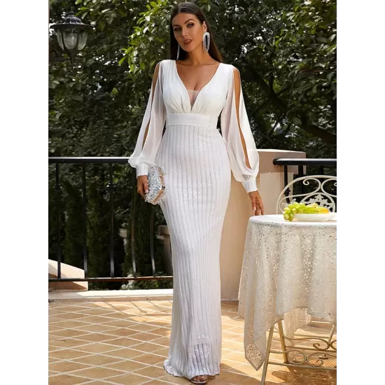 Evening Long Sleeves Wrap Solid V-Neck Dress Evening Long Sleeves Wrap Solid V-Neck Dress
