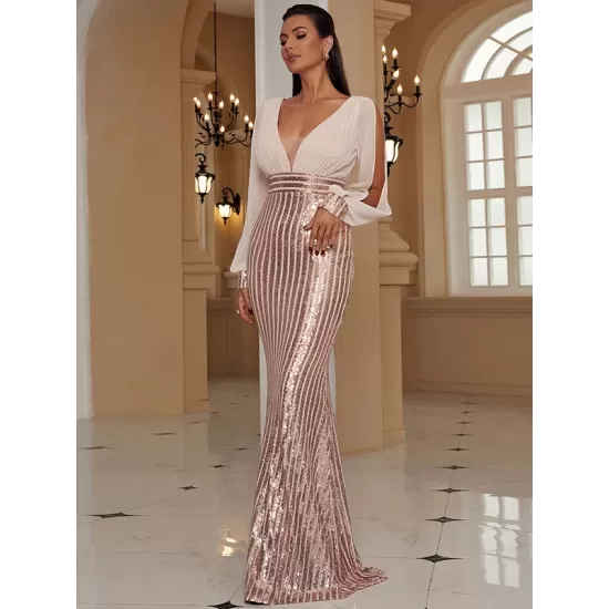 Evening Long Sleeves Wrap Solid V-Neck Dress Evening Long Sleeves Wrap Solid V-Neck Dress