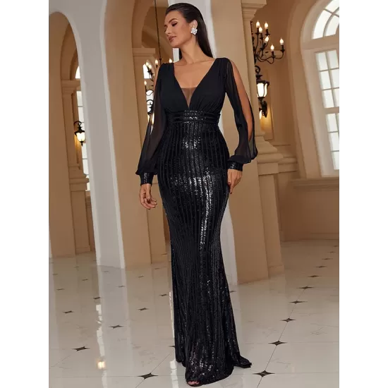 Evening Long Sleeves Wrap Solid V-Neck Dress Evening Long Sleeves Wrap Solid V-Neck Dress