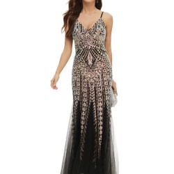 Evening Sleeveless Embroidered Solid Color V-Neck Maxi Dress