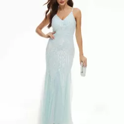 Evening Sleeveless Embroidered Solid Color V-Neck Maxi Dress