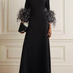 Elegant Simple Black And White Feather Long Sleeve Party Dress