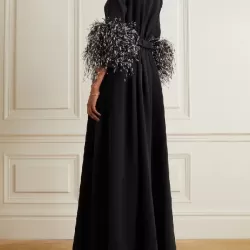 Elegant Simple Black And White Feather Long Sleeve Party Dress