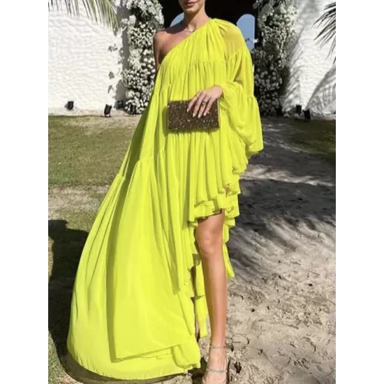Irregularity Loose Pleated Solid Color One-Shoulder Maxi Dresses Irregularity Loose Pleated Solid Color One-Shoulder Maxi Dresses