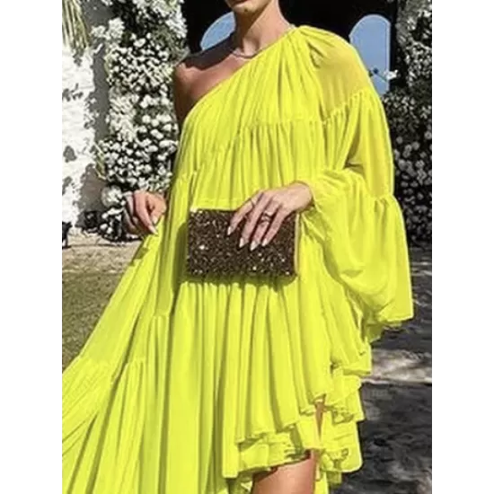 Irregularity Loose Pleated Solid Color One-Shoulder Maxi Dresses Irregularity Loose Pleated Solid Color One-Shoulder Maxi Dresses