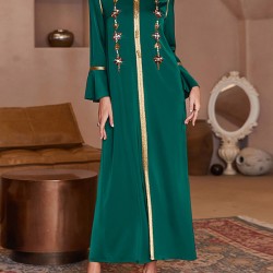 Rhine Stones Split-Front A-Line Flared Sleeves V-Neck Maxi Dresses