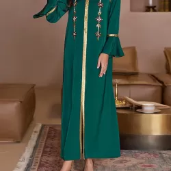 Rhine Stones Split-Front A-Line Flared Sleeves V-Neck Maxi Dresses