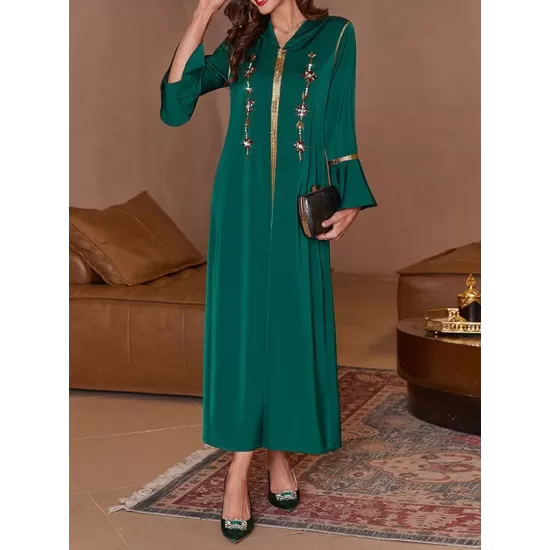 Rhine Stones Split-Front A-Line Flared Sleeves V-Neck Maxi Dresses Rhine Stones Split-Front A-Line Flared Sleeves V-Neck Maxi Dresses