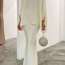 Batwing Sleeves Pearl Solid Color Round-Neck Shirts&Skirts Suits