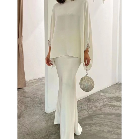 Batwing Sleeves Pearl Solid Color Round-Neck Shirts&Skirts Suits Batwing Sleeves Pearl Solid Color Round-Neck Shirts&Skirts Suits