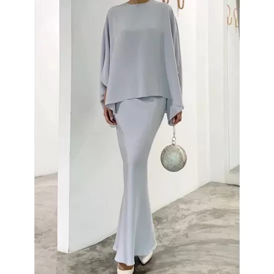 Batwing Sleeves Pearl Solid Color Round-Neck Shirts&Skirts Suits Batwing Sleeves Pearl Solid Color Round-Neck Shirts&Skirts Suits