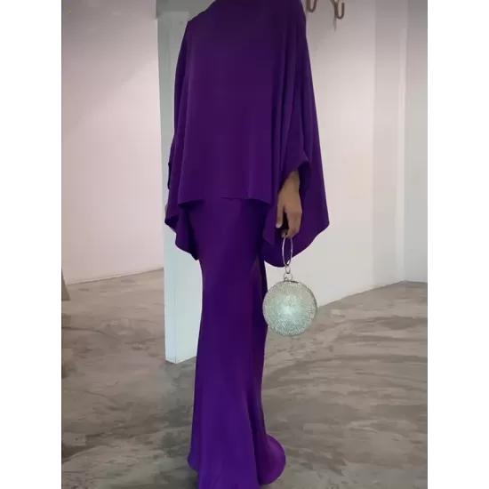 Batwing Sleeves Pearl Solid Color Round-Neck Shirts&Skirts Suits Batwing Sleeves Pearl Solid Color Round-Neck Shirts&Skirts Suits