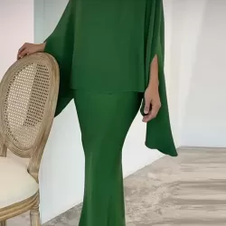 Batwing Sleeves Pearl Solid Color Round-Neck Shirts&Skirts Suits