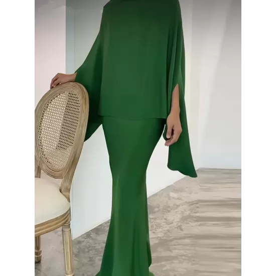 Batwing Sleeves Pearl Solid Color Round-Neck Shirts&Skirts Suits Batwing Sleeves Pearl Solid Color Round-Neck Shirts&Skirts Suits