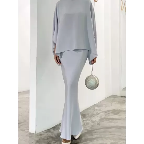 Batwing Sleeves Pearl Solid Color Round-Neck Shirts&Skirts Suits Batwing Sleeves Pearl Solid Color Round-Neck Shirts&Skirts Suits